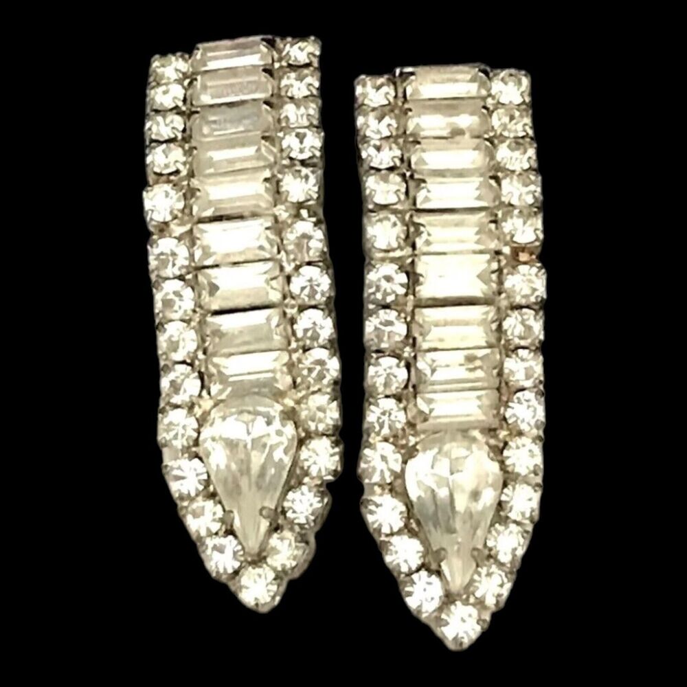 Vintage 1960s Rhinestone Earrings Silver Tone Baguette Drop Mid Century - 1T